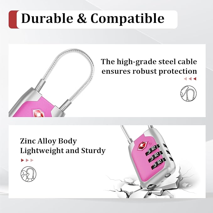 Joyway TSA Approved Luggage Lock, 3 Digit Combination Cable Lock with Alloy Body, Travel Combination Locks for Suitcases, Backpack and Golf Bag (Pink, 2Pack)