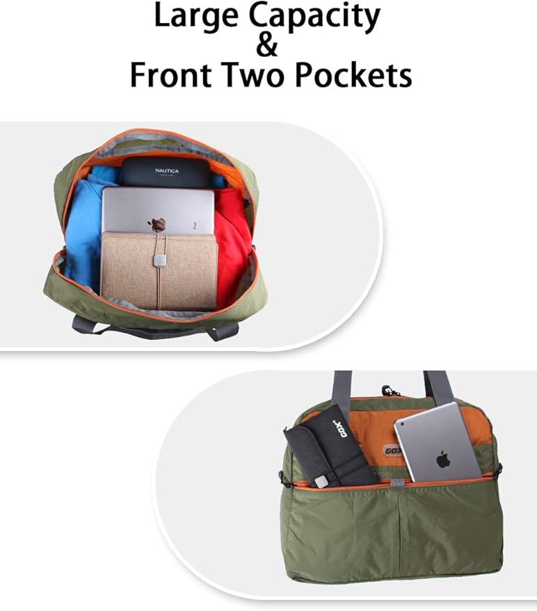 GOX Packable Tote Bag – Under Seat Airline Personal Item, Lightweight Foldable Travel Duffel 28L, Nylon Shoulder Bag for Women Men, Carry-on Weekender for Plane Gym (Green&Orange)