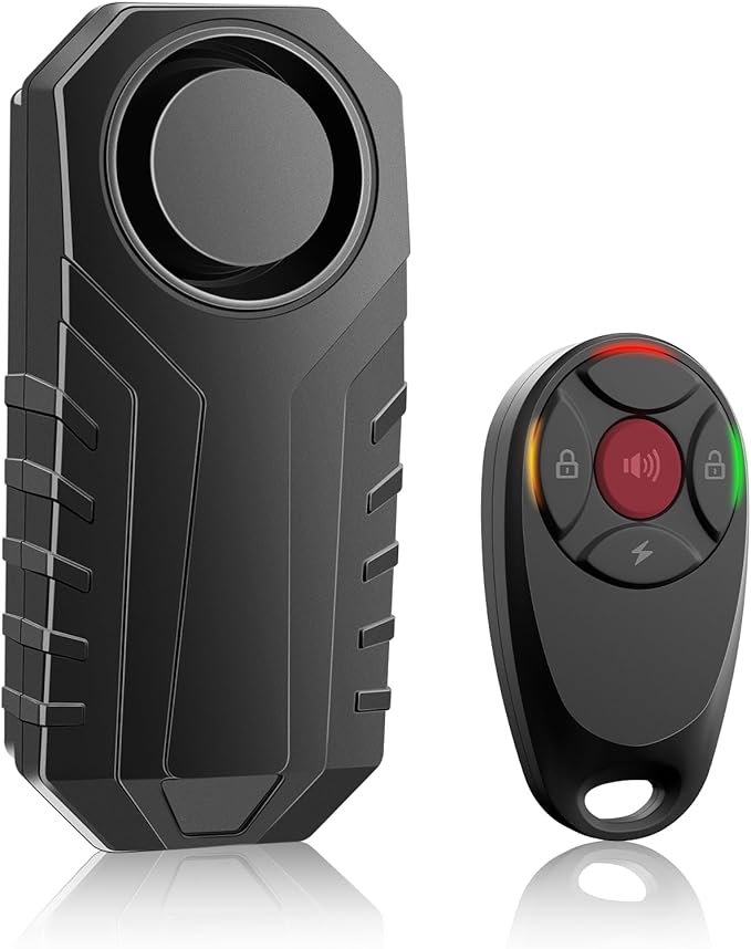 USUPERINK Bike Alarm with Remote, 113dB Bike Alarm for Motorcycle Moped Scooter IP65 Waterproof Adjustable Volume Sensitivity Universal Remote Strap for All Handlebar Sizes