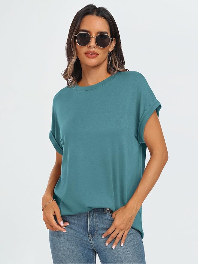 AUTOMET Women's Oversized Short Sleeve T Shirts Casual Drop Shoulder Rolled Cuff Summer Tops for Work, Travel and Lounge
