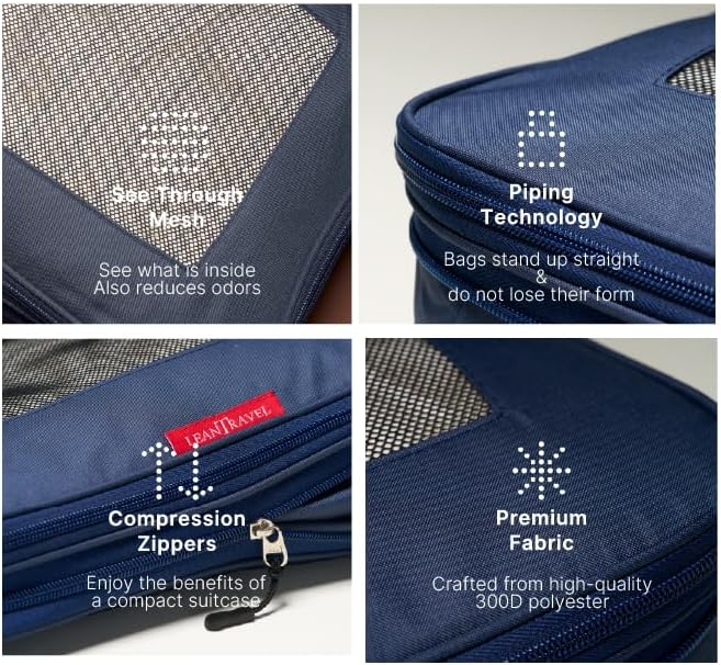 LeanTravel Premium Compression Packing Cubes for Travel - Suitcase Organizer Bags with Double Zipper & Breathable Mesh Panel - Space Saving Carry On Luggage Essentials (3-Pack, Navy Blue)