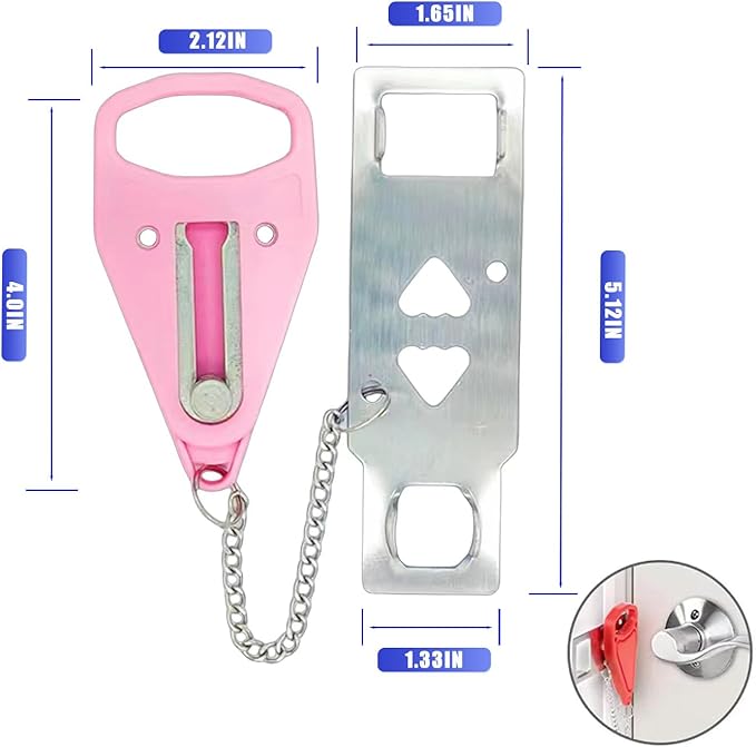 Portable Door Lock, Extra Lock for Additional Privacy and Safety in Apartment Home, Protect Family Security and Prevent Unauthorized Entry in Traveling, Home, Bedroom, Hotel, Apartment. (Pink)