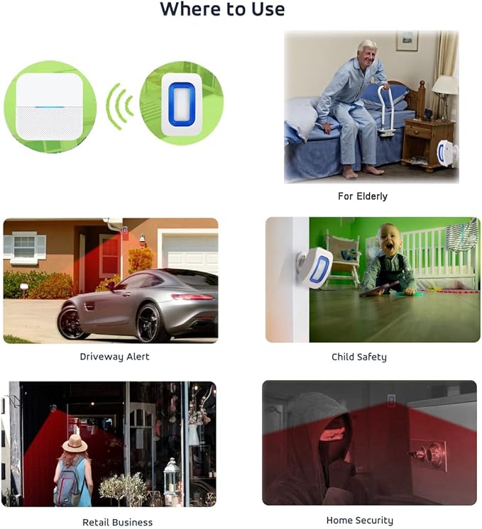Indoor Motion Sensor Alert Wireless Caregiver Pager Bed Alarm and Fall Prevention for Elderly Dementia Patients (1 Battery Receiver 2sensor)