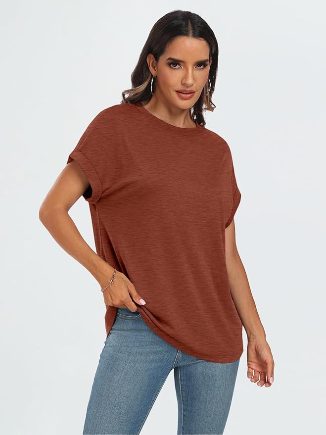AUTOMET Women's Oversized Short Sleeve T Shirts Casual Drop Shoulder Rolled Cuff Summer Tops for Work, Travel and Lounge