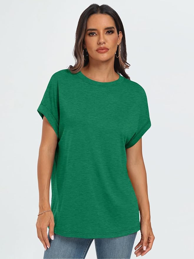 AUTOMET Women's Oversized Short Sleeve T Shirts Casual Drop Shoulder Rolled Cuff Summer Tops for Work, Travel and Lounge