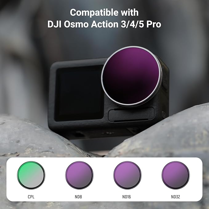 NEEWER ND Filter Set Compatible with DJI Osmo Action 5 Pro/4/3 (4 Pack), ND8/16/32 CPL Circular Polarizing Filter Polarizer Neutral Density Snap On Action Camera Accessories with Lens Cap, FLA01