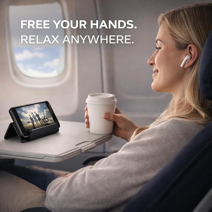 Mizi Airplane Phone & Tablet Holder – Adjustable Flexible Flap Stand for Desk, Bed, Treadmill, Home, and Airplane Travel Essentials – Compatible with iPhone, Smartphones, and Tablets – Black