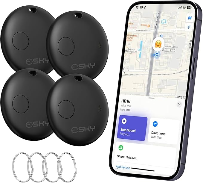 Esky Air Tracker Tags-4 Pack, Bluetooth Smart Luggage Tracker Works with Apple Find My APP (iOS Only, Not for Android), Key Finder and Item Locator for Luggage, Backpack, Suitcases, Wallet