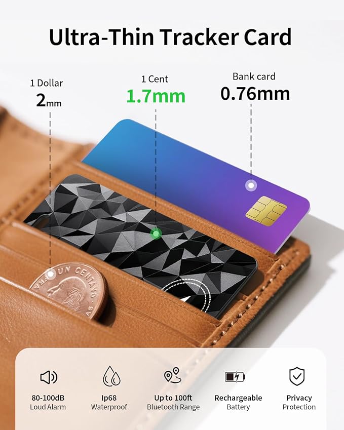 Wallet Tracker Card for Apple Find My (iOS Only), Rechargeable Air Tracker Tag, IP68 Tracker Card Item Finder Worldwide Tracking for Wallet, Bags, Passport [Apple MFi Certified]