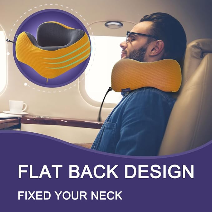napfun Neck Pillow for Travel with Travel Pouch, Sleep Mask & Earplugs, Memory Foam Airplane Pillow for Headrest Sleep with Eyeshades, Plane Essentials with Eye Blindfold, Yellow Striped Kit