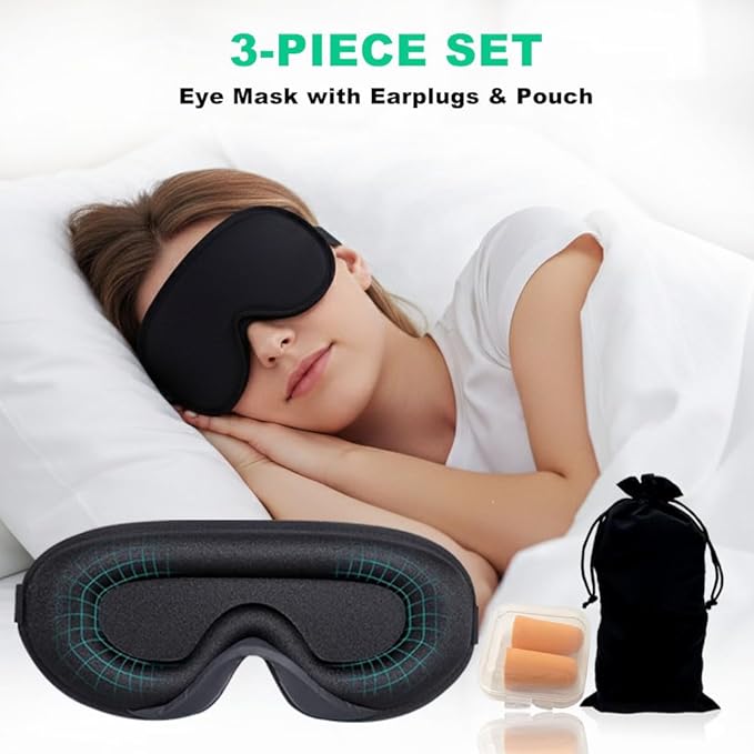 3D Sleep Mask for Side Sleepers, Blackout & Zero Pressure - Breathable Memory Foam, Adjustable Strap - for Travel, Yoga & Meditation Black