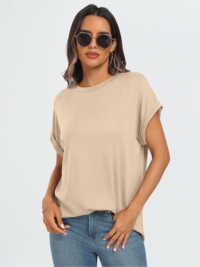 AUTOMET Women's Oversized Short Sleeve T Shirts Casual Drop Shoulder Rolled Cuff Summer Tops for Work, Travel and Lounge