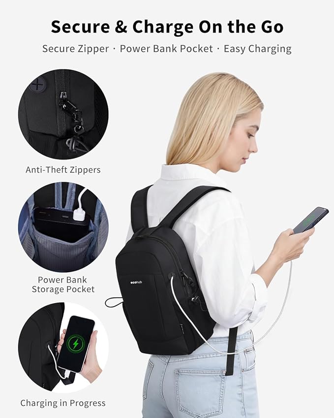 ECOHUB Mini Anti-Theft RFID Backpack for Women and Men, Water-Resistant, Lightweight Travel Daypack with iPad Sleeve, Key Holder, 9 Pockets, Daily Short Trips, Black