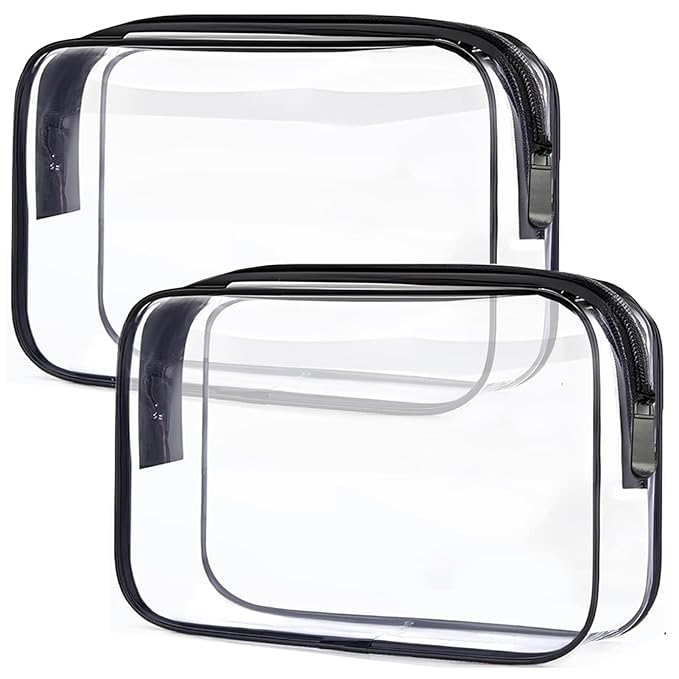 TRODANCE Clear Toiletry Bag, 2 Packs TSA Approved Water resistant Travel Organizer, Airport Airline Travel Essential Carry On Makeup Cosmetic Bags for Women, Black - 2 packs