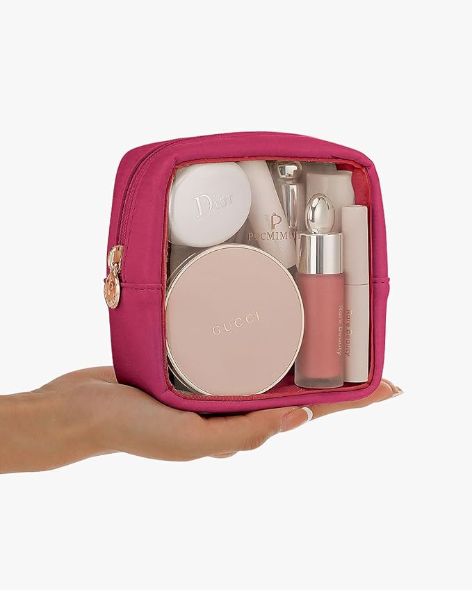 Pocmimut Clear Makeup Bag, Easy to Find Mini Makeup Bag for Purse, Travel Makeup Bag for Car, Compact Cosmetic Pouch for Daily Essentials,Hot Pink