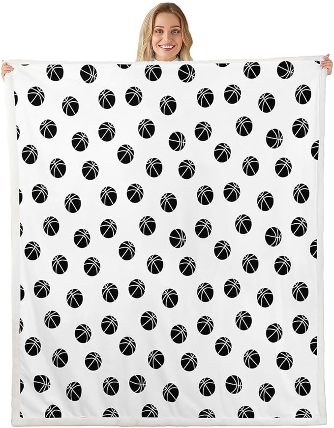 Basketball Kids Throw Blanket,Ball Sports Games Bed Blanket for Girls Boys Adults,Ball Simple Style Fashion Fleece Blanket,Black White Chic Fuzzy Blanket,40 x 50 Inches