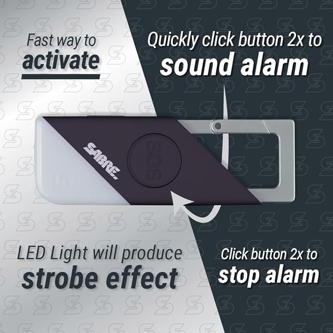 Sabre 2-in-1 Personal Alarm with LED Light & SOS Button, 130dB Siren Heard from 1,800-feet (500-meters), Spring Clip for Easy Carry on Backpacks & Purses, Rechargeable with Charging Cord Included
