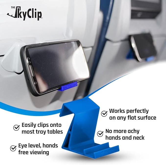 The SkyClip Airplane Cell Phone Back of Seat Inflight Tray Table Clip and Sturdy Phone Stand, Compatible with iPhone, Android, Tablets, and Readers, Travel Must Have (Blue 2 Pack)