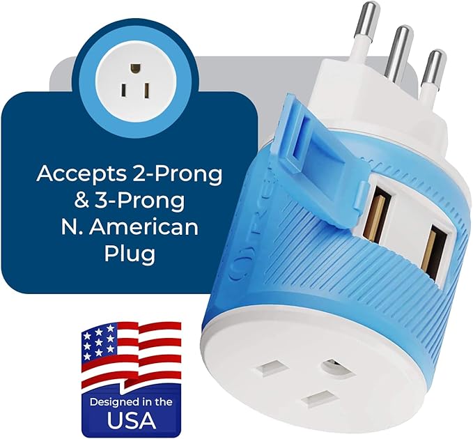 OREI Italy, Uruguay Travel Plug Adapter with Dual USB - Type L (U2U-12A), Will Work with Cell Phones, Camera, Laptop, Tablets, iPad, iPhone and More, Blue