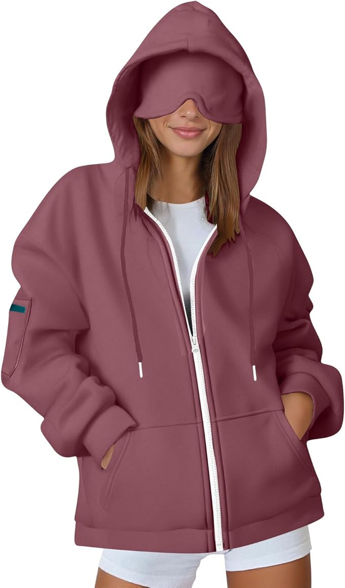 Zip Up Hoodie with Eye Mask Built In, Comfort Airplane Wearable Blanket Sweatshirt Men Women Sleep Clothes