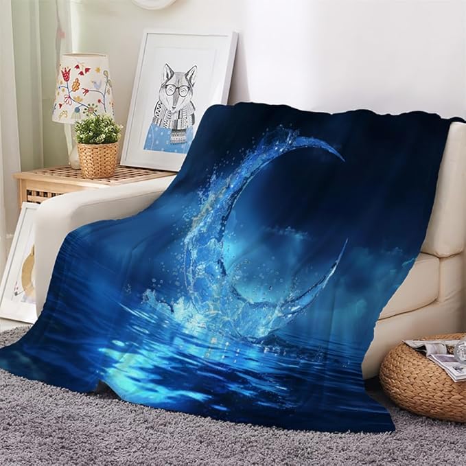 Ocean Blue Throw Blanket, Blue Moon Fleece Blanket for Couch Bed Sofa, Midnight View Blankets and Throws, Dreamy Mystic Super Soft Cozy Plush Flannel Blanket 50x70, Decor & Gift
