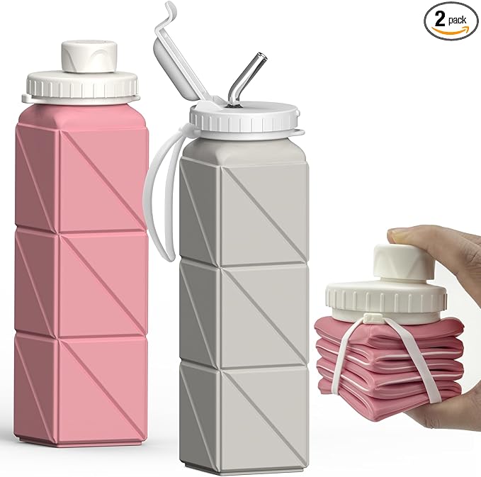 BEAUTAIL Collapsible Water Bottles 20.6oz 2 Pack, Silicone Foldable Portable Travel Water Bottle, BPA-Free Reusable Leakproof for Travel Camping Hiking Cycling Yoga Sports Outdoor (Pink+Starlight)
