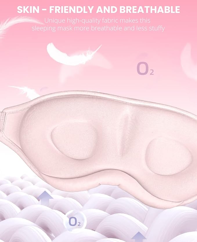 Sleep Mask for Side Sleeper Women Men, Light Blocking Eye Mask for Sleeping, 3D Contoured Cup Sleeping Mask for Zero Eye Pressure, with Adjustable Elastic Strap for Sleep Travel, Pink