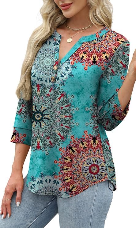 OFEEFAN Womens Tops 3/4 Sleeve Henley Shirts for Women Summer Outfits Fashion Clothing