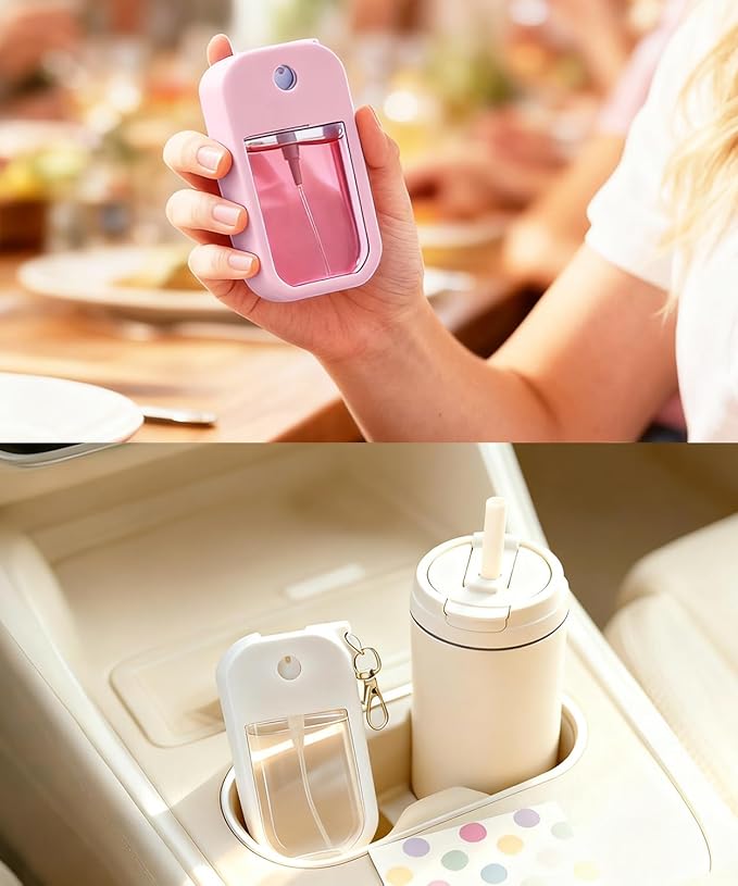 2 Sets Silicone Case Compatible with Touchland Hand Sanitizer Spray 1 FL. OZ./30 mL, Stylish Hand Sanitizer Mist Accessory with Portable Keychain (Pink, White)