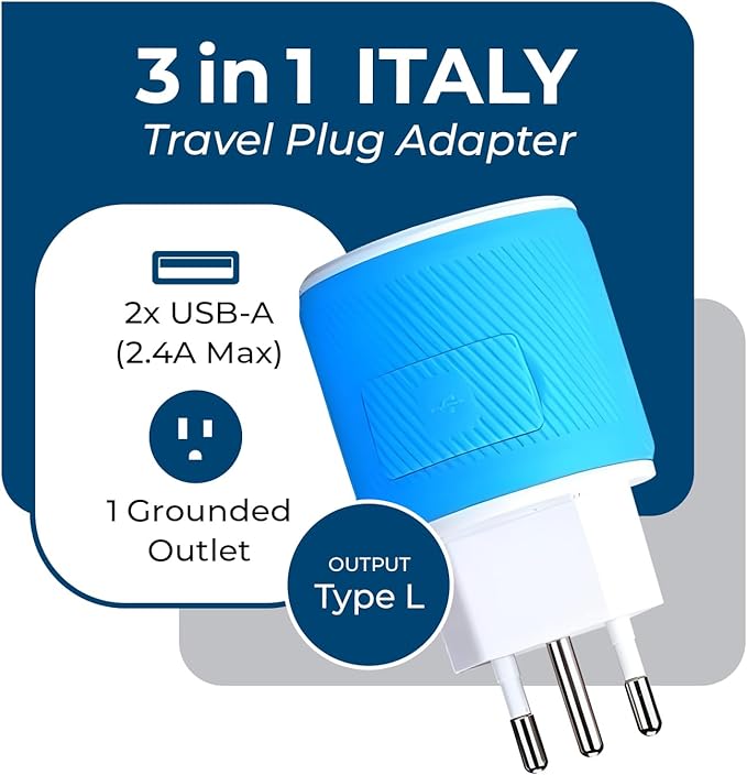 OREI Italy, Uruguay Travel Plug Adapter with Dual USB - Type L (U2U-12A), Will Work with Cell Phones, Camera, Laptop, Tablets, iPad, iPhone and More, Blue