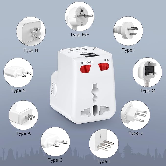 Travel Plug Adapter with 2 USB A,Universal All in One Worldwide Travel Adapter,Detachable and Portable Power converters,AC Power Plug Adapter,International Power Adapter for USA EU UK AUS White