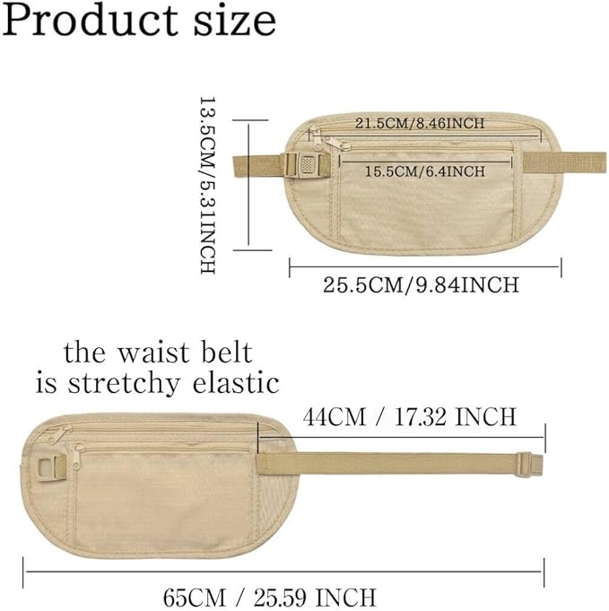 FuninCrea Money Belt, Nylon Fanny Pack Hidden Belt Bag with RFID Blocking for Women Men, Anti-theft Waist Pack Under Clothes with Adjustable Buckle for Travel, Running, Hiking, Cycling (khaki)