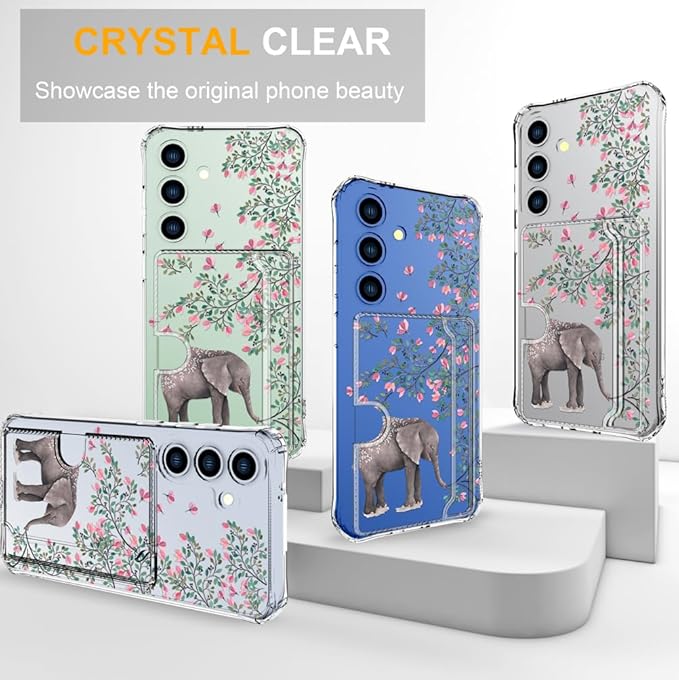 Compatible with Samsung Galaxy S24+ Plus / S25+ Plus Case Card Holder for Women Cute Design,Wallet Phone Cases Transparent Cool Kawaii Protective (Clear Elephant Flowers)