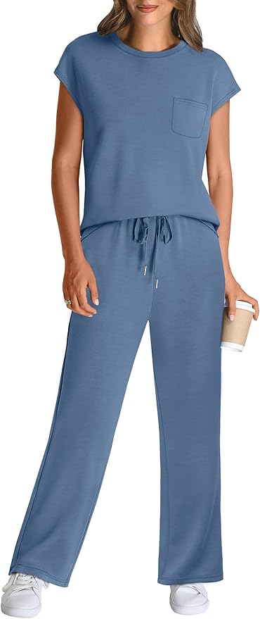 WIHOLL 2 Piece Sets for Women Casual Summer Travel Vacation Outfits Cap Sleeve Lounge Set
