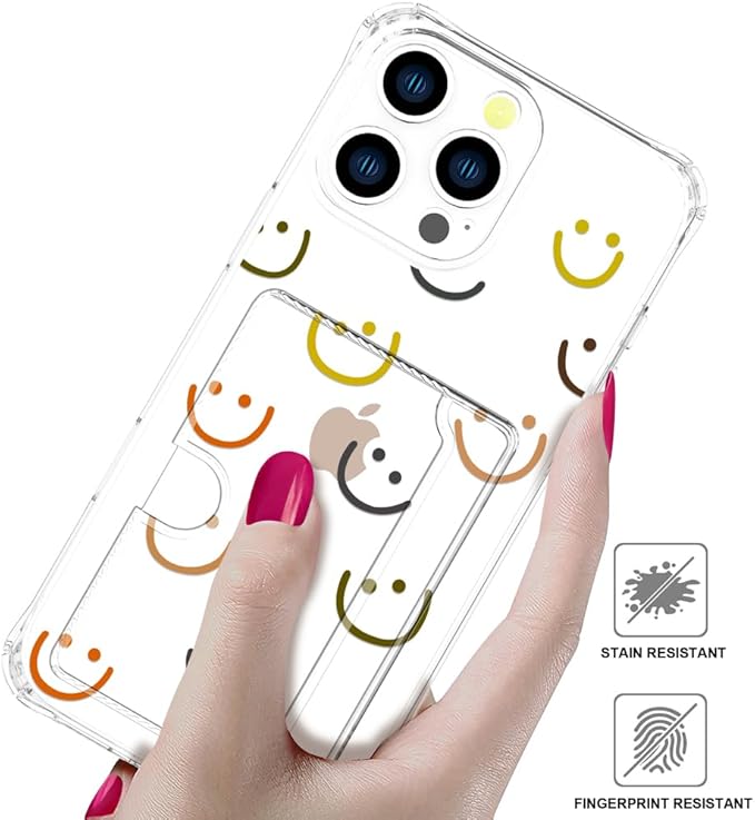 Compatible with iPhone 16 Pro Case Card Holder for Women Cute Design,Wallet Phone Cases Transparent Cool Kawaii Protective (Clear Smiley Face)