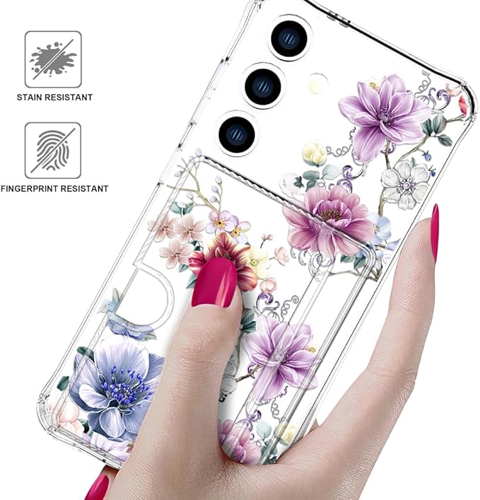 Compatible with Samsung Galaxy S24+ Plus / S25+ Plus Case Card Holder for Women Cute Design,Wallet Phone Cases Transparent Cool Kawaii Protective (Clear Wonderful Large Flowers)