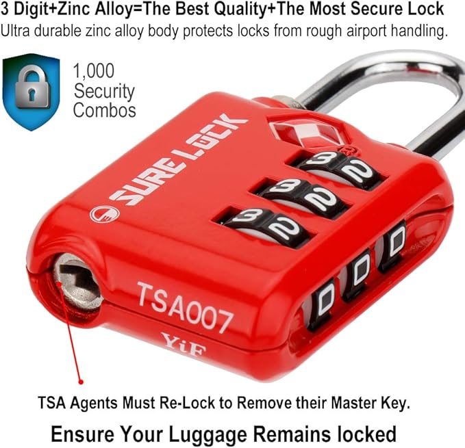 SURE LOCK TSA Approved 3 Digit Luggage Locks With Zinc Alloy Body and Hardened Steel Shackle To Lock Travel Suitcase