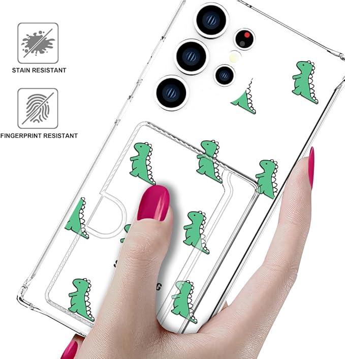 Compatible with Samsung Galaxy S24 Ultra Case Card Holder for Women Cute Design,Wallet Phone Cases Transparent Cool Kawaii Protective (Clear Lovely Dinosaurs Animal)