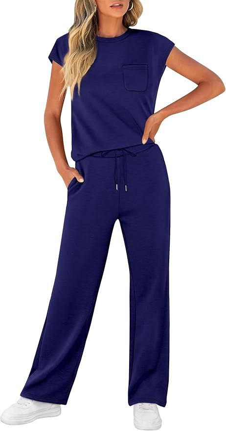 WIHOLL 2 Piece Sets for Women Casual Summer Travel Vacation Outfits Cap Sleeve Lounge Set