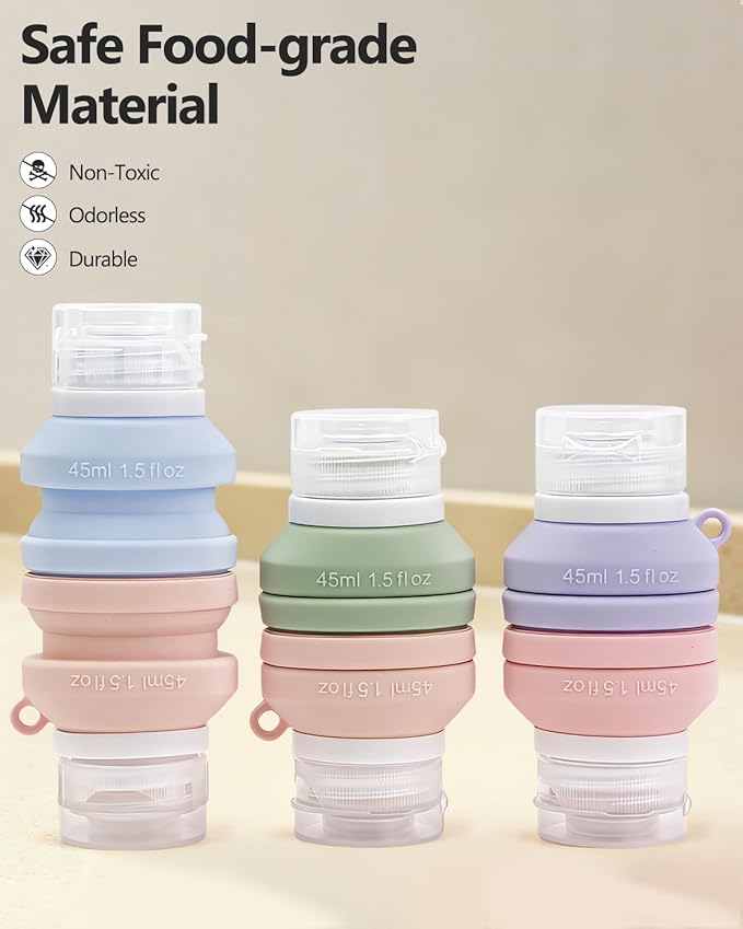 Silicone Travel Bottles for Toiletries, 3 Pack Collapsible Travel Size Containers Dual-ended Bottles for Women, Refillable & Leak Proof Empty Silicone Squeeze Bottle for Shampoo & Body Wash, 1.5oz x 6