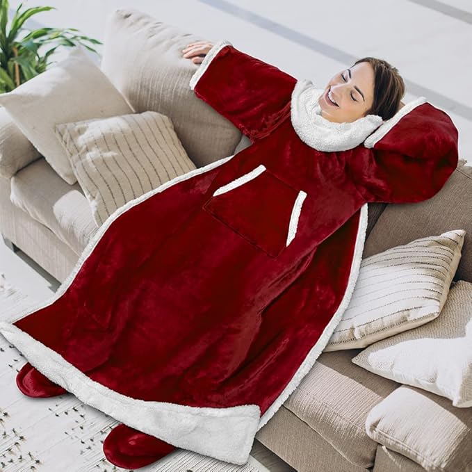 PAVILIA Sherpa Blanket with Sleeves, Foot Pocket for Women Men Adults, Thick Wearable Blanket Throw Wrap, Fleece Warm Snuggle Blanket Robe, Cozy Gift Ideas Wife Mom, Dark Red