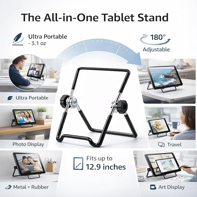 Mizi Adjustable Tablet Stand Holder – Foldable Non-Slip Desk Cradle for 9–12.9" Tablets, iPad, Samsung Galaxy Tab, Kindle Fire & More – Multi-Angle Display Stand for Tablets, Photos & Frames – Black