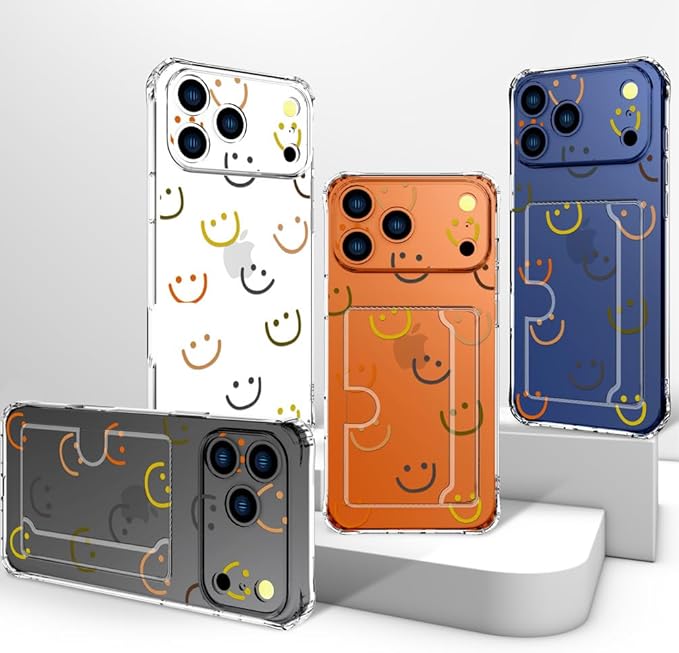 Compatible with iPhone 17 Pro Max Case Card Holder for Women Cute Design,Wallet Phone Cases Transparent Cool Kawaii Protective (Clear Smiley Face)