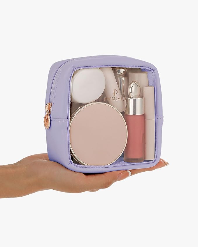 Pocmimut Clear Makeup Bag, Easy to Find Mini Makeup Bag for Purse, Travel Makeup Bag for Car, Compact Cosmetic Pouch for Daily Essentials,Purple