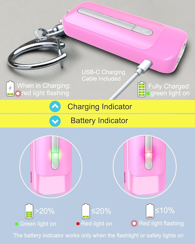 Personal Alarm for Women, Rechargeable with Safety Lights & Low Battery Notice, 130dB Siren with LED Flashlight Strobe Light for Emergency, Dual Light Sources Safety Keychain