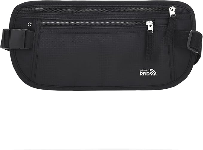 Unisex Money Belt, Slim Passport Holder RFID Blocking Travel Essentials Pouch with Adjustable Strap Small Waist Pouch for Workout Running Travelling Hiking, Black