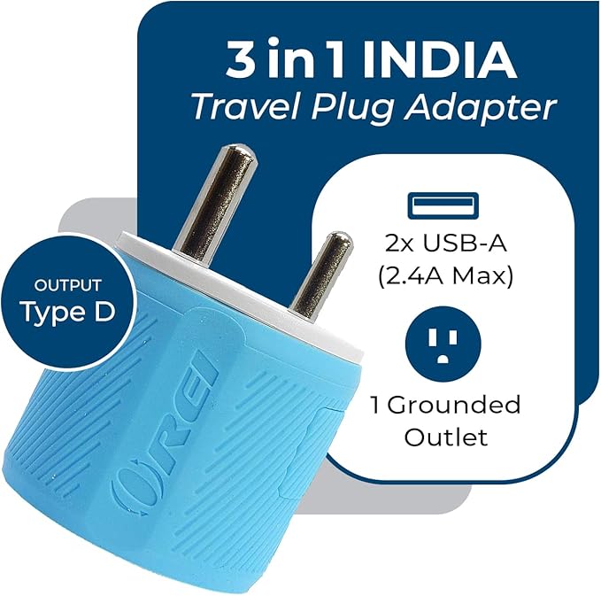 OREI 3 in 1 India Plug Adapter (Type D Travel Adapter) with 2 USB Inputs and 1 Type B Input – CE & RoHS Certification - Plug Adapter for Maldives, Nepal, India, Bangladesh, Sudan & More