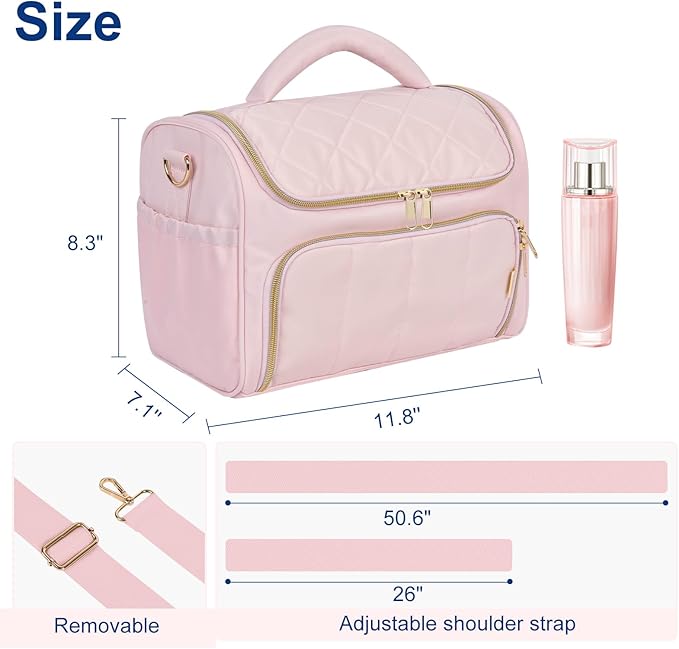 GR69N Travel Toiletry Bag Large Cosmetic Makeup Bag Organizer for Women,Wide-open Make Up Bag Waterproof Makeup Case Travel Bag with Handle and Dividers for Toiletries,Essentials,Accessories,LT Pink