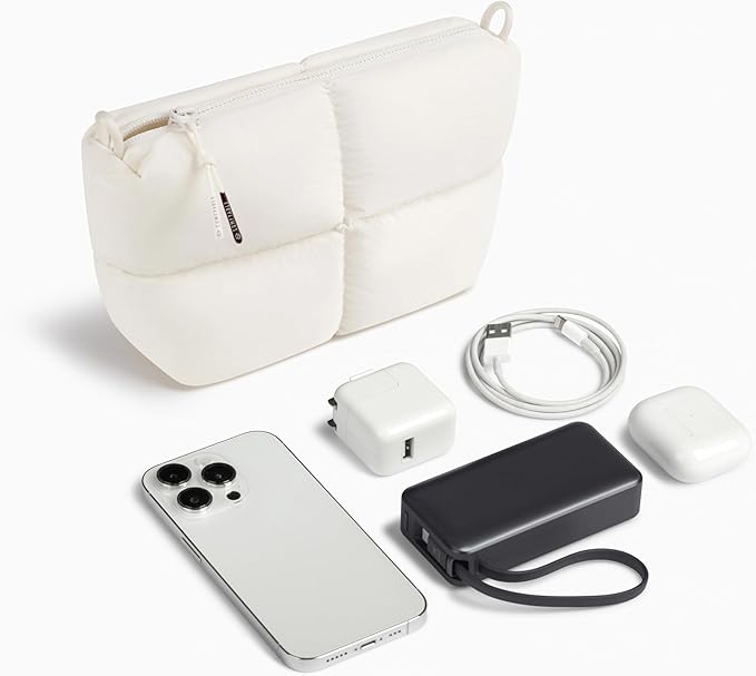 Comfyable Puffy Electronics Organizer Travel Case, Cute Tech Pouch for Women Men, Cable Storage Bag for Charger, Phone, Power Bank, Cord, Compact Tech Accessories Pouch, Rice