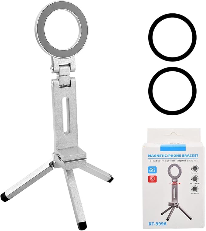 Magnetic Tripod for Phone,360° Rotating Phone Tripod Stand,Adjustable,Clipable,Foldable and Triangular Fixing Airplane Travel Essentials Phones Holder for Phones(Silver,Size:19 * 16cm)